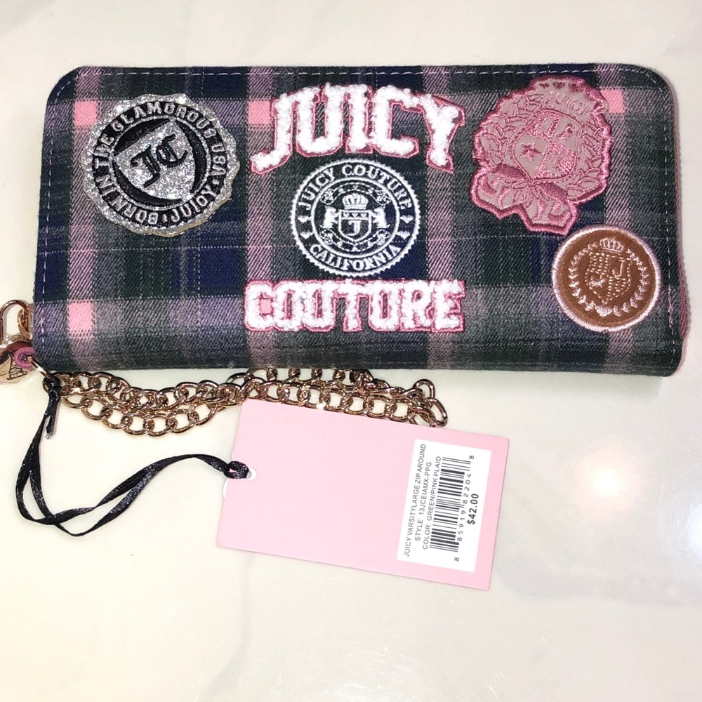 Juicy Couture Green Pink Plaid Juicy Varsity Large ZA Wallet + Wrist Strap NWT